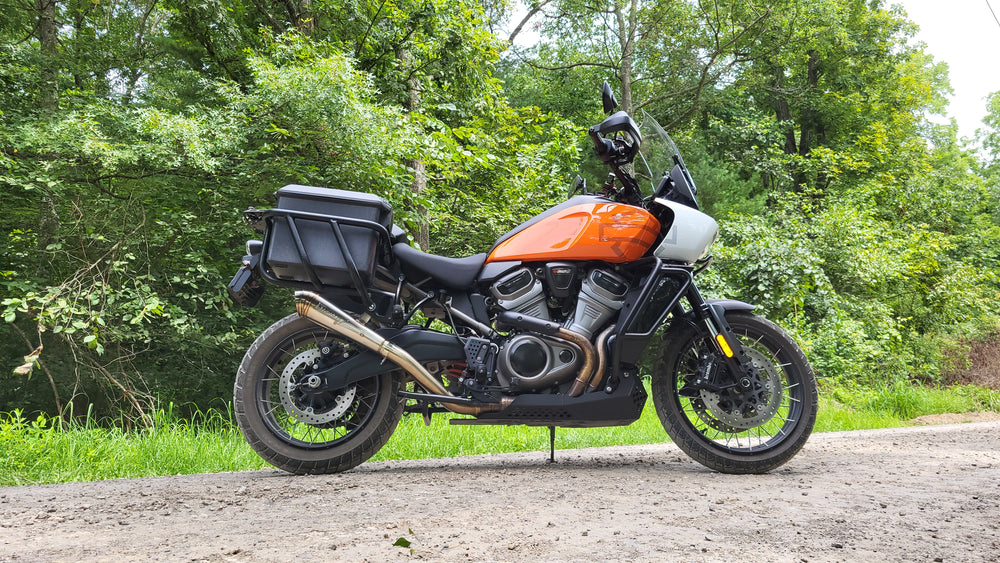 Harley Pan America motorcycle with Stealth Pipes slip-on exhaust – American-made stainless muffler