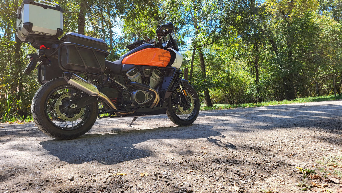 Harley Pan America front angle showing Stealth Pipes slip-on exhaust – polished stainless finish, photo 5 of 17