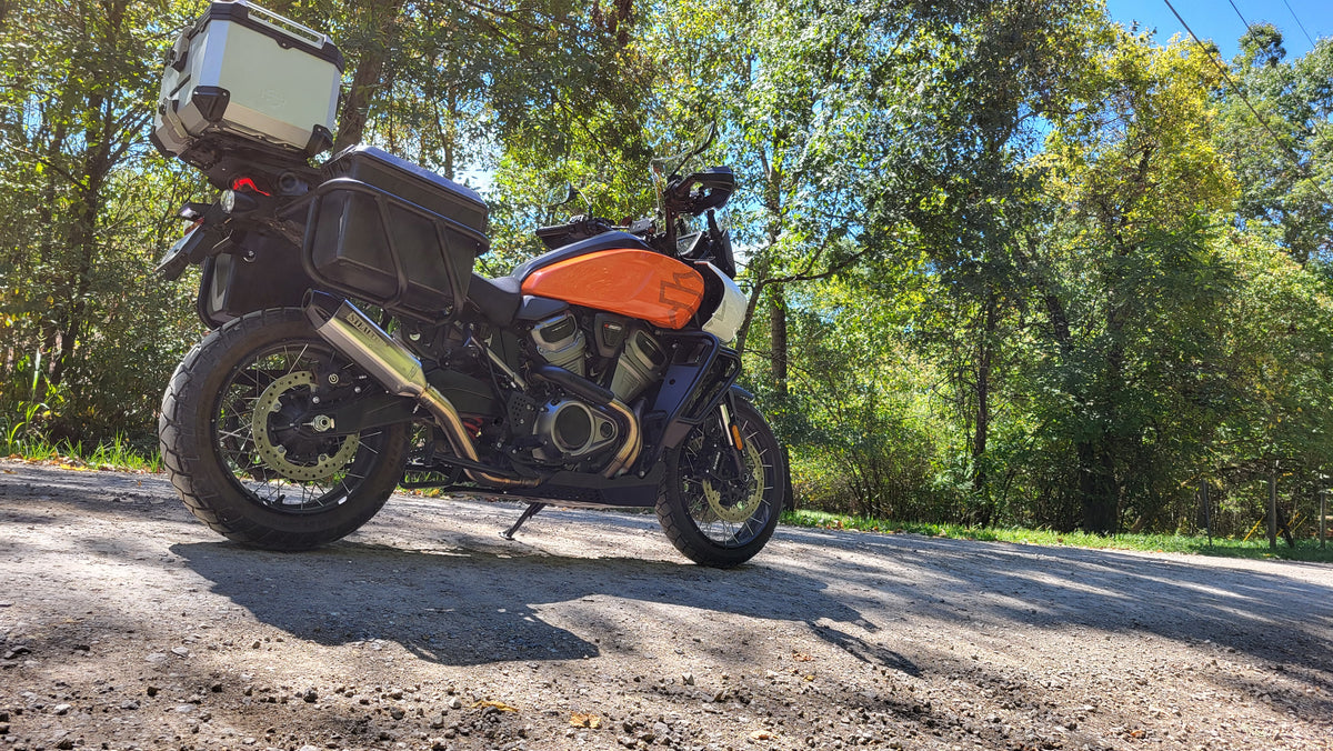 Rear angle of Harley Pan America with Stealth Pipes slip-on exhaust – American-made muffler, photo 7 of 17