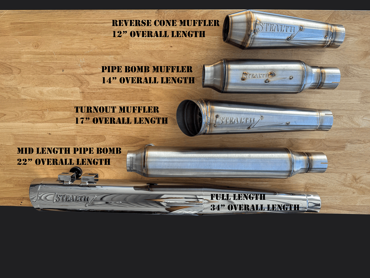 All Stealth Pipes Mufflers with Overall Lengths Reverse Cone Pipe Bomb Turnout Mid Length Full Length, photo 15 of 16