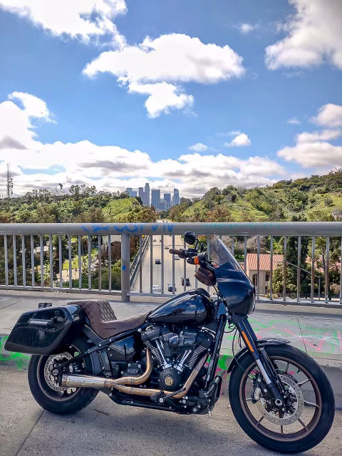 Stealth Pipes exhaust system installed on Harley M8 Softail – rear-side view of muffler and headers (2017–2025), photo 26 of 36
