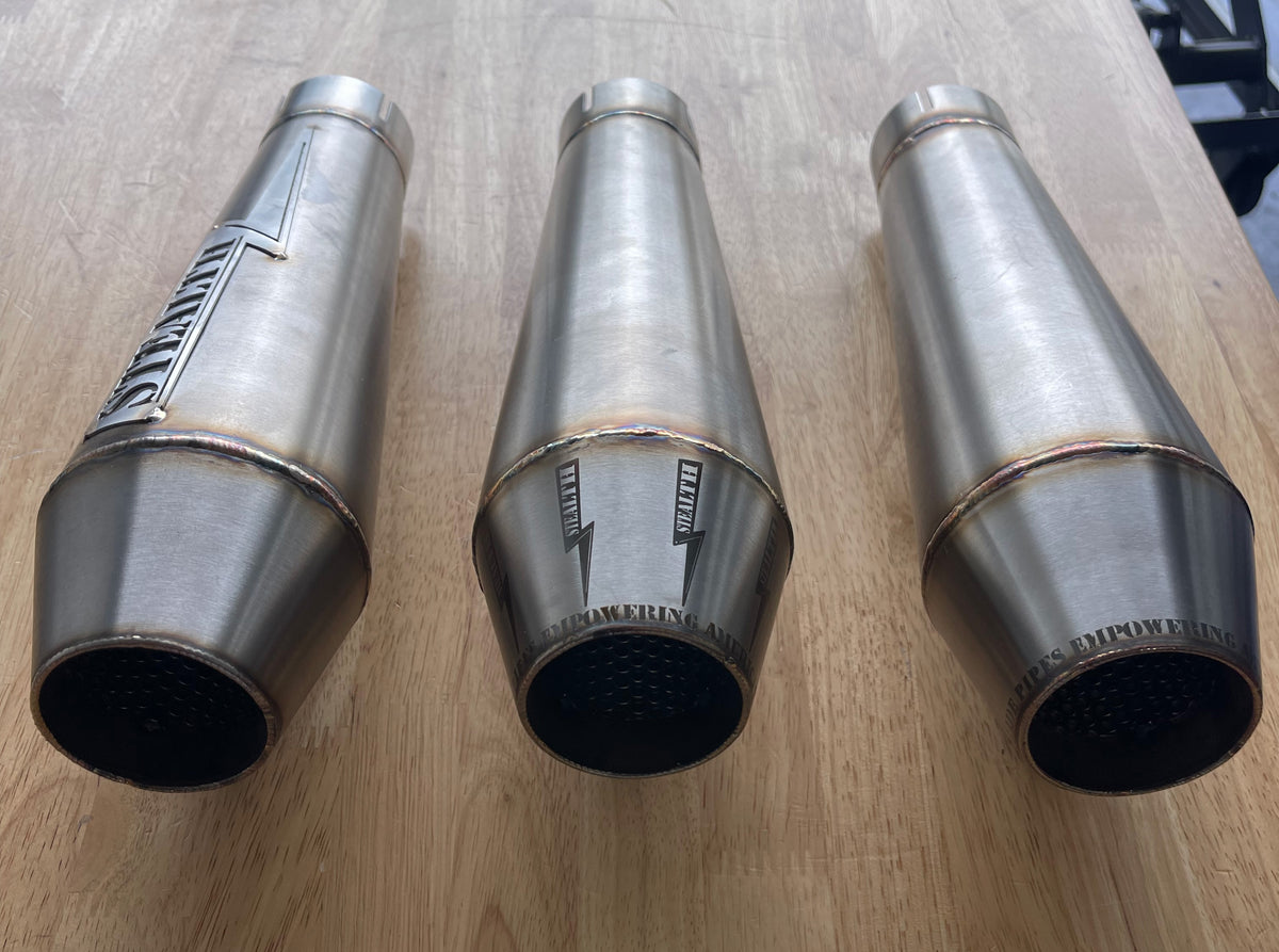 Outlet view of Stealth Pipes Reverse Cone Mufflers – cone tip stainless exhaust design, photo 10 of 14