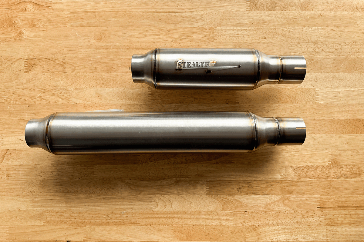 Stealth Pipes Mid-Length Pipe Bomb Muffler – stainless modular exhaust with sizing reference, photo 4 of 10