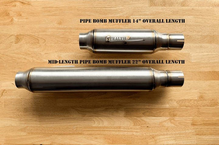 All Stealth Pipes Mufflers with Overall Lengths Reverse Cone Pipe Bomb Turnout Mid Length Full Length