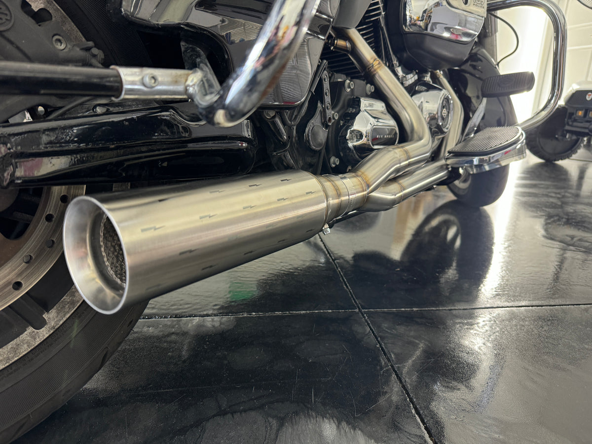 Breacher muffler by Stealth Pipes installed on Harley motorcycle – stainless exhaust upgrade, photo 5 of 7