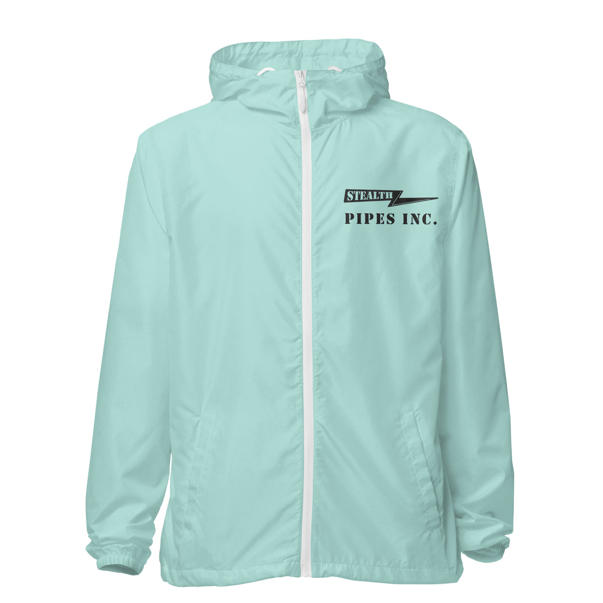 A high-visibility mint windbreaker with 'STEALTH RIDER' text on the back, featuring a hood, zippered front, and welt pockets., photo 21 of 24