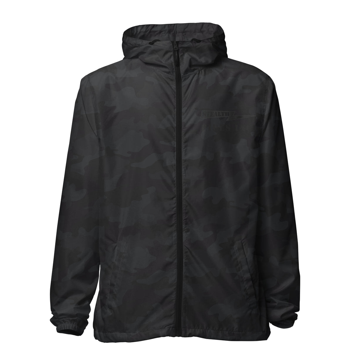 A high-visibility dark camo windbreaker with 'STEALTH RIDER' text on the back, featuring a hood, zippered front, and welt pockets., photo 15 of 24