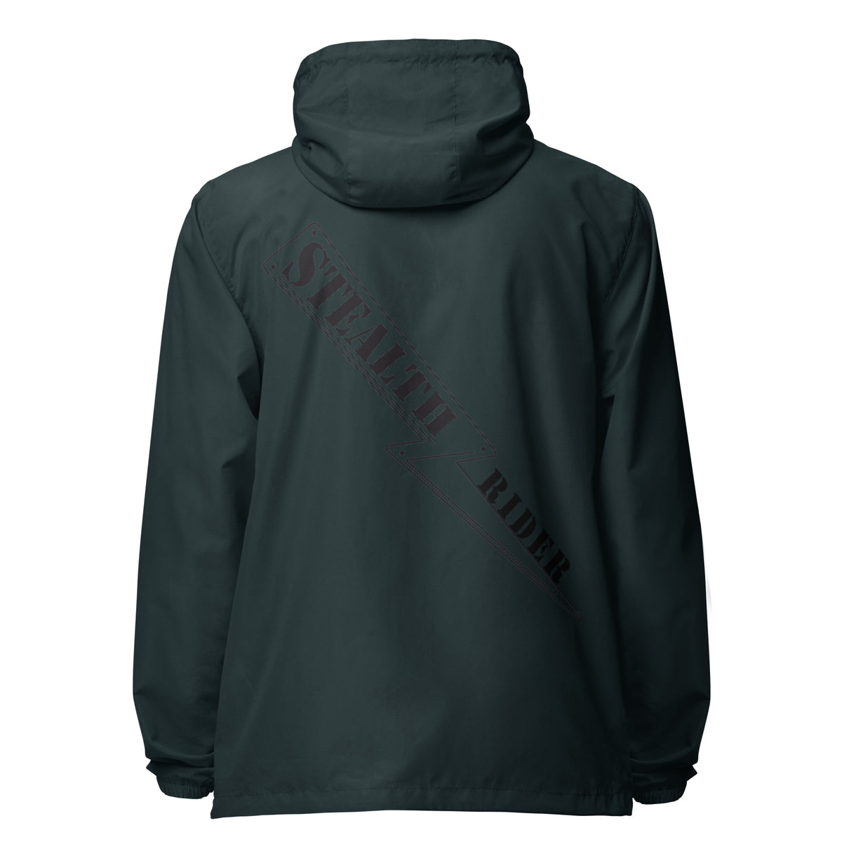 A high-visibility green windbreaker with 'STEALTH RIDER' text on the back, featuring a hood, zippered front, and welt pockets., photo 6 of 24