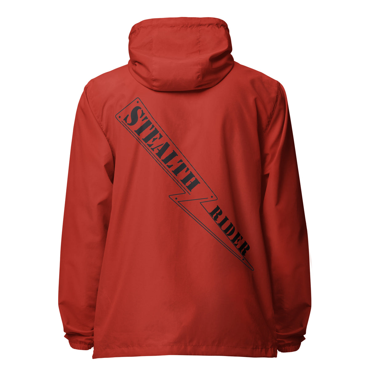 A high-visibility red windbreaker with 'STEALTH RIDER' text on the back, featuring a hood, zippered front, and welt pockets., photo 10 of 24