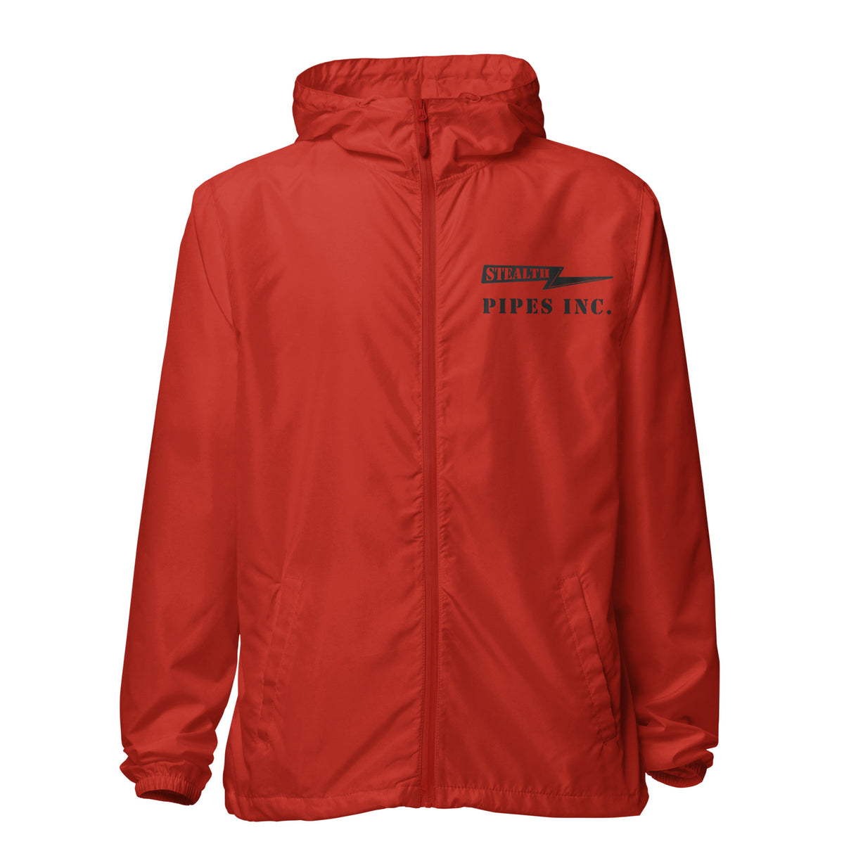 A high-visibility red windbreaker with 'STEALTH RIDER' text on the back, featuring a hood, zippered front, and welt pockets., photo 9 of 24