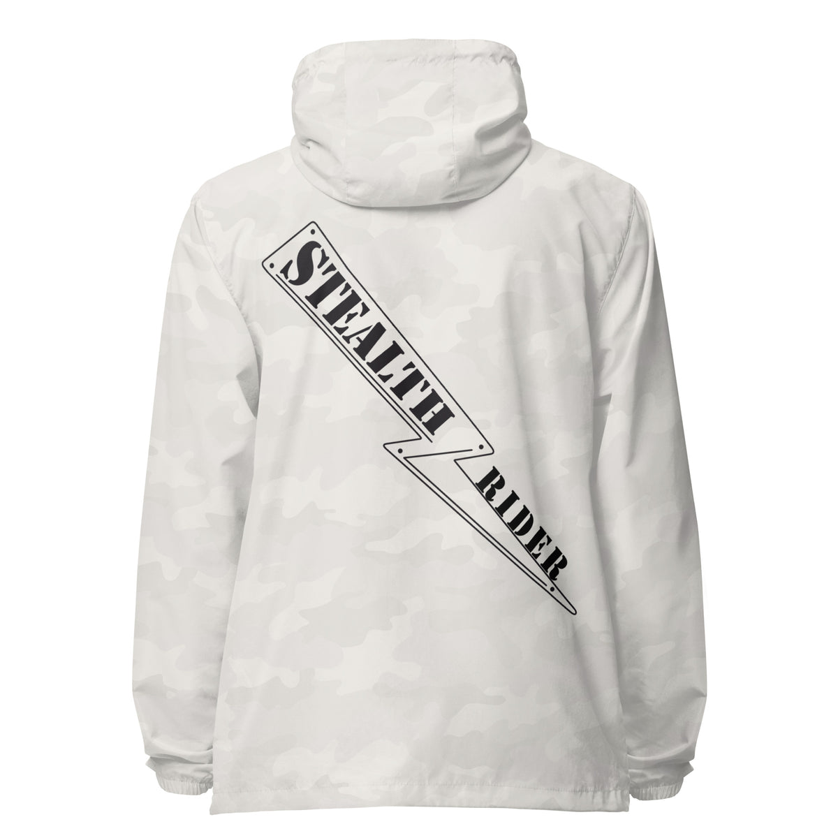A high-visibility white camo windbreaker with 'STEALTH RIDER' text on the back, featuring a hood, zippered front, and welt pockets., photo 24 of 24