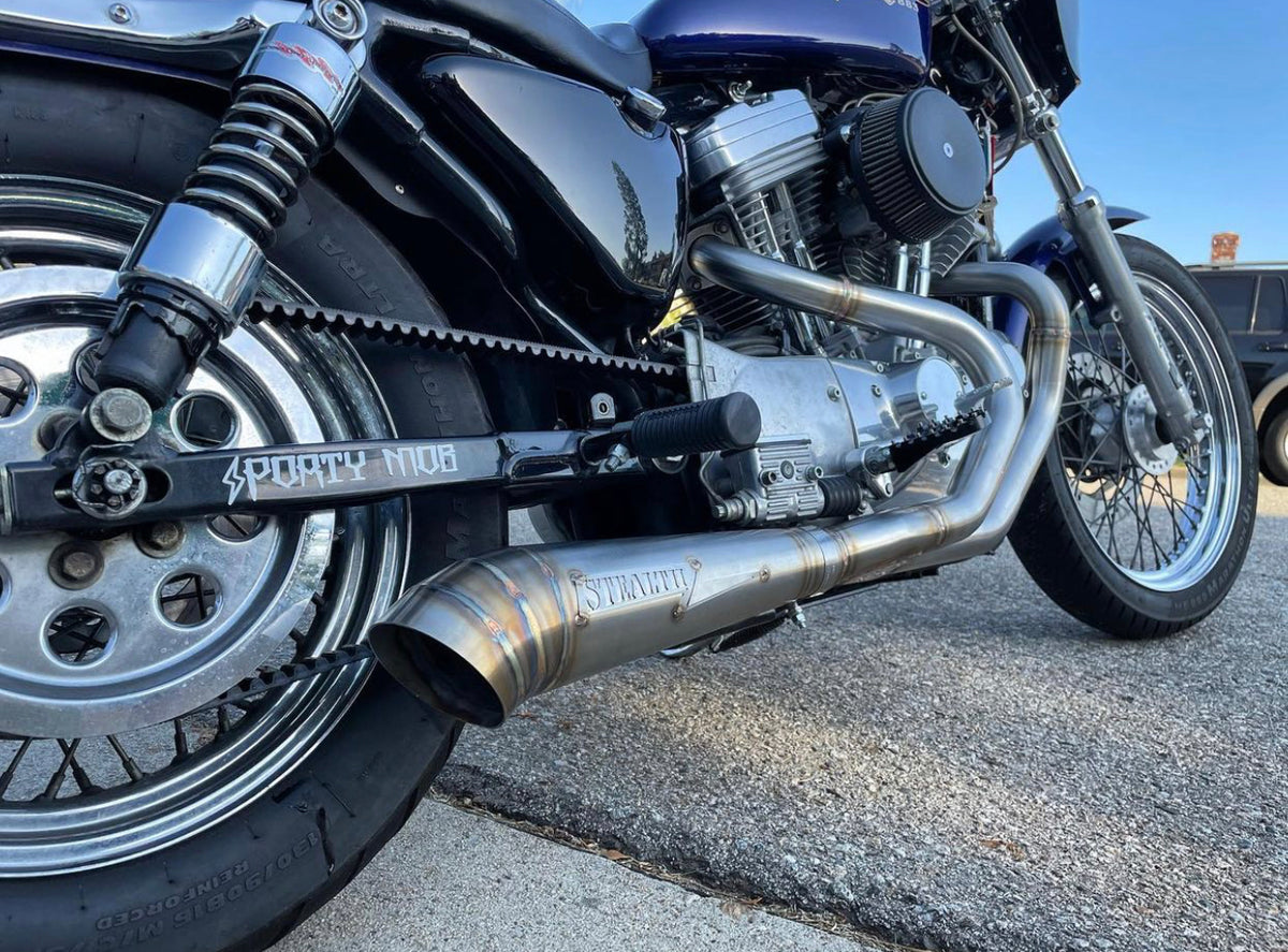 Harley Sportster 1986–2003 with Stealth Pipes stainless exhaust headers installed – rider-side detail, photo 7 of 16